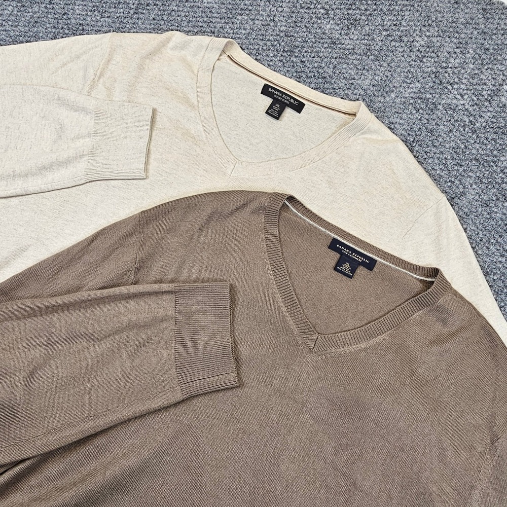 Banana Republic Mens XL V-Neck Sweater Lot 2 Silk Cashmere Cotton Beige Brown
